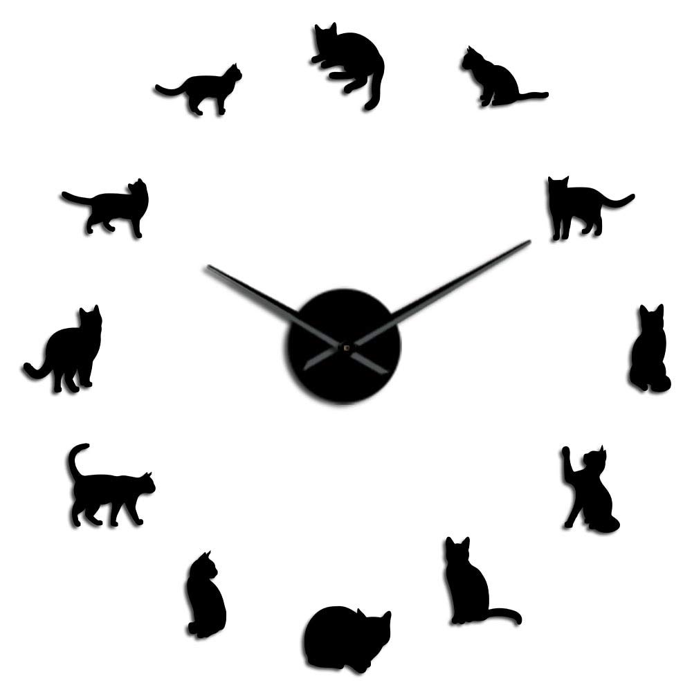 VCS Silhouette Cats Wall Art Kittens DIY Giant Wall Clocks Playful Cats Big Needle Kitty Girl Room Large Wall Clock(Black,37inch)
