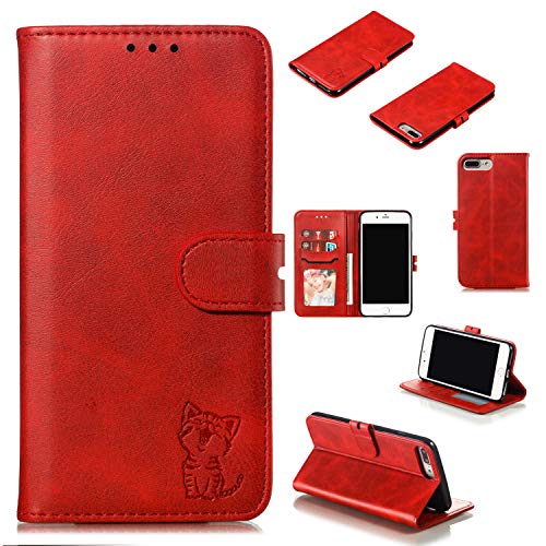 Robinsoni Case Compatible with iPhone 8 Plus Retro Leather Wallet Cover with Card Holder Slots Cat Printed Folio Flip Book Cover Case TPU Silicone Inner Case Kickstand Magnetic Closure Case, Red