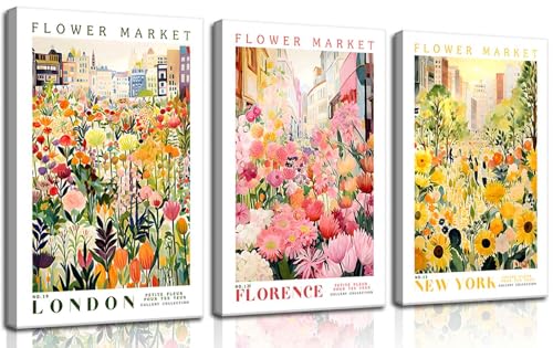 3Pcs Flower Market Color Botanical Canvas Wall Art Colorful Wildflower Sunflower Wall Decor Pictures Yellow Pink Floral Travel Posters Prints for Kitchen Bathroom Living Room Bedroom Decoration