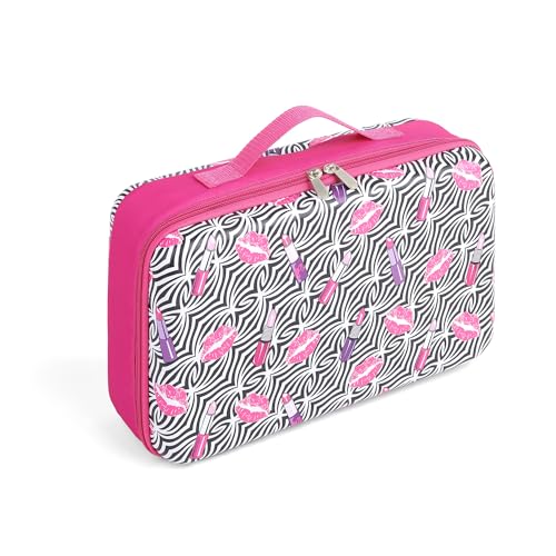 Badger Basket Stylish Travel Case for 12 Inch Fashion Dolls - Storage Solution with Pockets for Doll Accessories - Best for On-The-Go Travel - Lipstick Print Design
