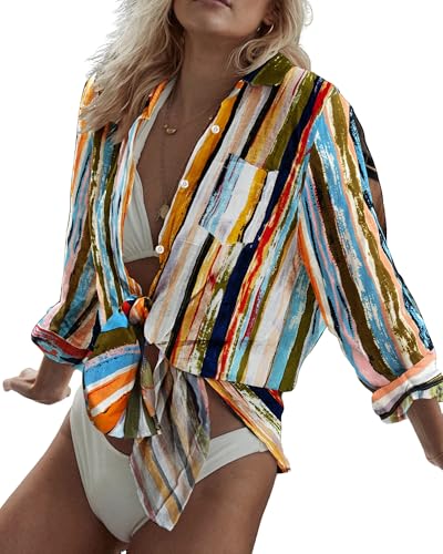 Image of Bsubseach Women Long Sleeve Beach Shirt Blouses Bathing Suit Cover Up Button Down Collar