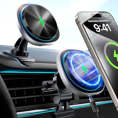 Likzest 15W MagSafe Car Mount Charger, Magnetic Wireless Car Charger Phone Holder for iPhone 17 Pro Max/17/16/15/14/13/12, Fast Charging Air Vent & Dashboard Mount, for Galaxy S25, Pixel with MagSafe