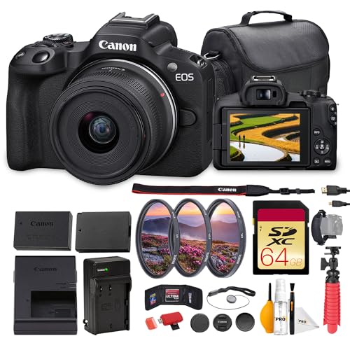 Image of Canon EOS R50 Mirrorless Camera with 18-45mm Lens Bundle | 24.2MP APS-C Sensor, Dual Pixel CMOS AF II & 4K Video | for Beginners & Everyday Photography (5811C012) + 64GB Card + Battery + Bag + More