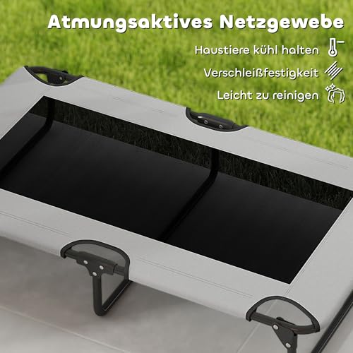 PawHut Hundeliege Outdoor, Erhöhtes Hundebett für große Hunde, klappbar Haustierliege mit Mesh Stahlrahmen Füßen, Haustierbett für Draußen Camping, 107x61x20 cm, Hellgrau