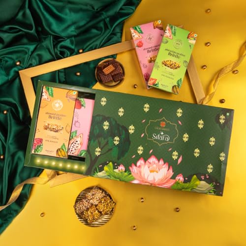 Image of Cacao Springs Sitara Diwali Gift Box - Assorted Chocolates Combo Pack - Brittle with Mixed Nuts (Almond, Pistachio, Cashew Nuts) & Strawberry Waffrils - Premium Chocolate Box For Gift - Pack of 5