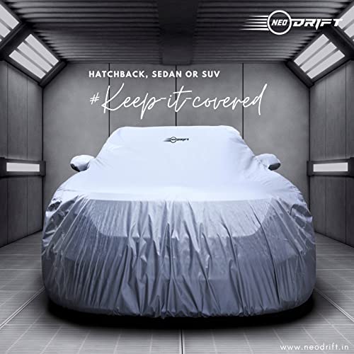 Image of NEODRIFT 'SilverTech' All Weather Protection Car Cover for Tata Zest - Dust, Waterproof, Durable Cover - Triple Stitched Elastic Grip with Mirror and Antenna Pocket - Silver