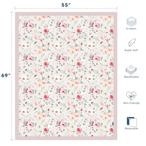 Image of GRSSDER Cotton Muslin Quilt Blanket - Silky Soft and Breathable Kids' Throw Blanket, Oversized Muslin Blankets for Newborns, Toddlers & Kids, 6 Layers Reversible Design for All Seasons, 55 inch x 69 inch