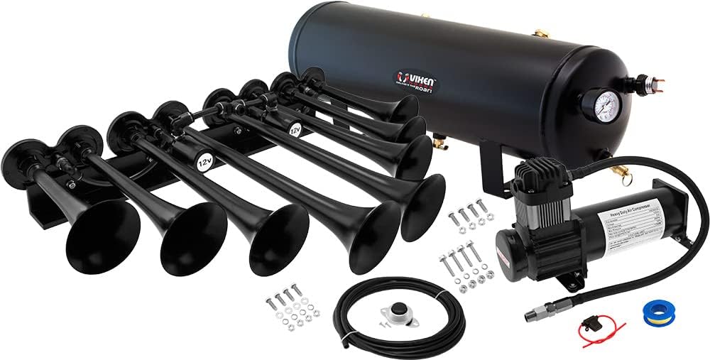 Vixen Horns OCTOPOD Train Horn Kit for Trucks/Car/Semi. Complete Onboard System- 200psi Air Compressor, 3 Gallon Tank, 8 Trumpets. Super Loud dB. Fits Vehicles like Pickup/Jeep/RV 12v VXO8330B/8124XB