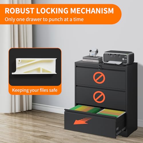 File Cabinets 3 Drawer,Metal Office Storage Filing Cabinet with Lock,Black Lateral Filing Cabinet for Home Office,Horizontal Locking File Cabinet for Legal/Letter/A4,Assembly Require,Black - Image 7