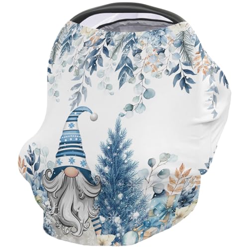 Nursing Cover for Breastfeeding Scarf, Merry Christmas Tree Gnomes Poinsettia Berry Eucalyptus Leaves Blue Baby Car Covers Super Soft Multi Use for Canopy Shopping Cart Cover Blanket Stroller Cover