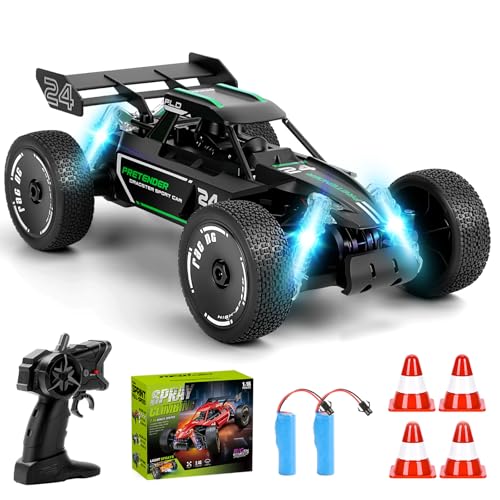 BuzzoXerex 1:18 Coche Teledirigido para Niños, 2.4GHz Carro telecomandado con Función de pulverización LED, 2WD 15KM/H Offroad RC Truck RC Coche para de 6+ años (Negro)