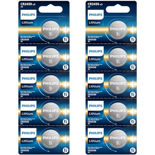 Philips cr2450 Battery 10-Pack cr2450 3v Lithium Coin Cell Batteries 10 Year Shelf Life Long-Lasting 2450 Batteries for Car Key Fob Medical Devices MyQ Battery Remote Controls.