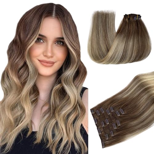 Image of Belaved Clip in Hair Extensions Real Human Hair, 16 Inch 70g 7pcs, Ash Brown & Bleach Blonde Balayage Seamless Invisable Extensions