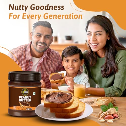 Image of DiSano Chocolate Peanut Butter Creamy, 350g, 23g Protein & 6.4g Dietary Fibre, Tasty & Healthy Chocolate Spread for Breakfast & Snacks, Made with Premium Roasted Peanuts, Zero Cholesterol & Trans Fat