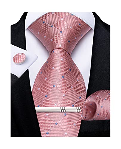 DiBanGu Cravate à rayures en soie pour homme - Boutons de manchette carrés - Pince à cravate - Pour fête de mariage, Rose/carreaux, taille unique Cover