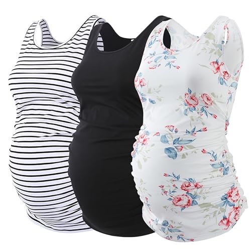 Ecavus 3Pcs Maternity Tank Top - Ruched Scoop Neck Sleeveless