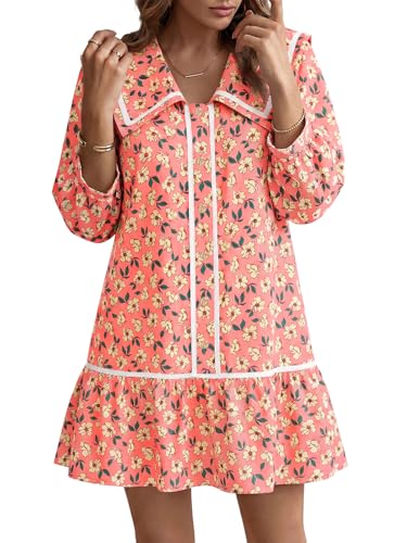 Image of Wenrine Womens Casual Shirt Dresses 3 /4 Long Sleeve Floral Button Down Flowy Babydoll Fall Mini Dress