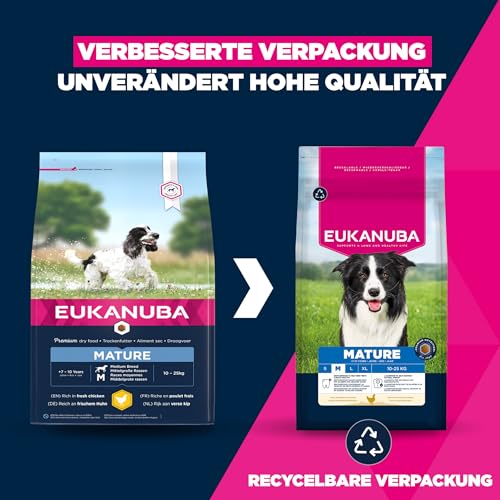 Eukanuba Hundefutter mit frischem Huhn für mittelgroße Rassen, Premium Trockenfutter für reife Hunde, 15 kg