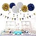 Navy Blue White Gold Party Decoration 23pcs Kits-Paper Flowers,Banner Flags,Circle Banner,Tassel Garland Birthday Bachelorette Boy Baby Shower Gender Reveal Graduation Decorations Lasting Surprise