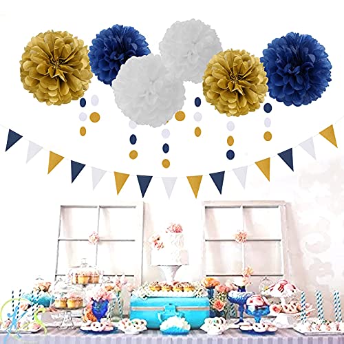 Image of Navy Blue White Gold Party Decoration 23pcs Kits-Paper Flowers,Banner Flags,Circle Banner,Tassel Garland Birthday Bachelorette Boy Baby Shower Gender Reveal Graduation Decorations Lasting Surprise