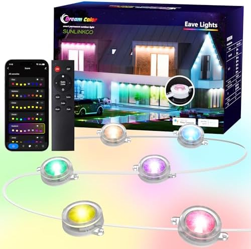 RGB+IC Permanent Outdoor Lights for House Garden, 50Ft Smart Eave Lights, String Lights, IP67 Waterproof, for Christmas Halloween Decor Birthday Gift with Alexa, Google Assistant APP/Remote Control