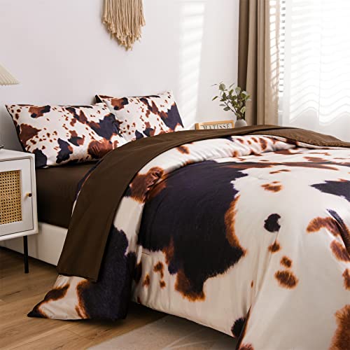 Aimuan Brown Cow Print Comforter Satin Luxury Silk Like Satin Silky Cozy Quilt Set Super Soft Cartoon Bedding Sets With 2 Matching Pillow Covers (Brown, Queen) #TOP3
