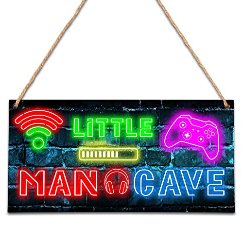 Little Man Cave, Neon Gaming Wooden Door Sign for Gamer Room Decor,...