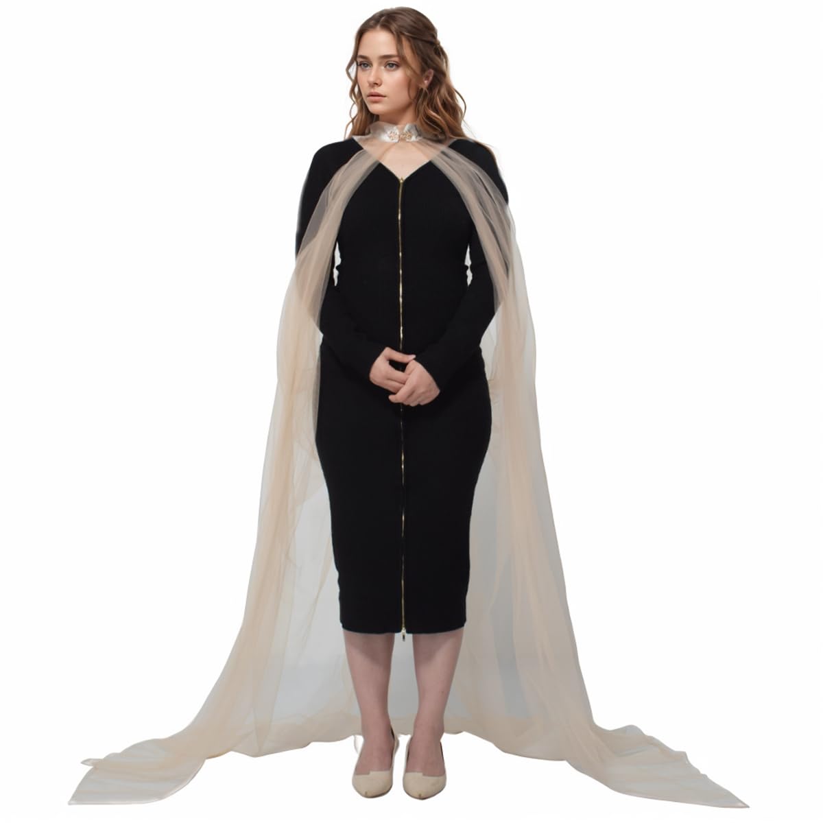 Graceart Orange Lady's Mesh Cape Fairy Elf Wedding Dress Elven Queen Princess Collared Cloak Medieval Costume