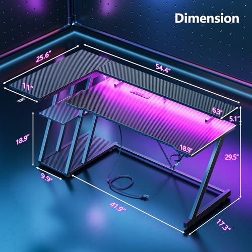 Image of Korfile 55 Inch Gaming Desk with Power Outlet & LED Lights, L Shaped Gamer Computer Table with Storage Shelves for Bedroom, Corner Home Office Desk, Carbon Fiber Black
