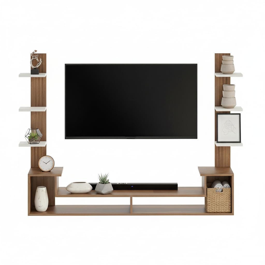 FURNEASER Dravin Modern Wall-Mounted TV Entertainment Unit for Living Room – Floating TV Stand with Storage Shelves & Display Racks – Wooden Media Console for 43 Inch (Exotic Teak & White)-image-47