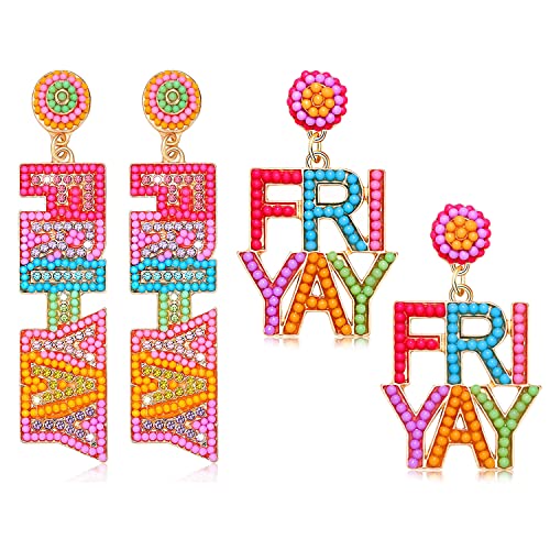 2 Pairs Teacher Earrings for Women, Beaded Fri-Yay Pencil Earrings Drop Dangle Earrings Teacher Appreciation Gifts Teacher Jewelry Gifts