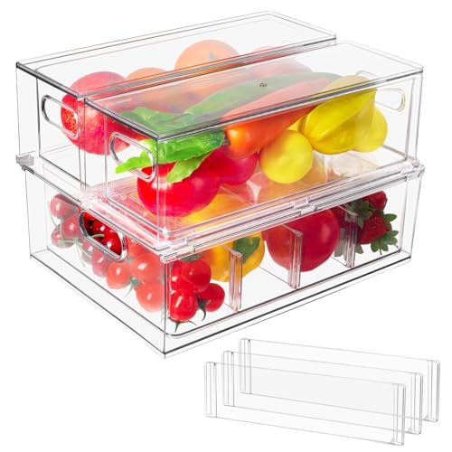 Abiudeng Fridge Drawer Kitchen Storage Organisation Cupboard Organiser with Pullout Drawer Stackable Fridge Organizer Set BPA free Clear Storage for Freezer-3 Pcs(S*2+L*1)