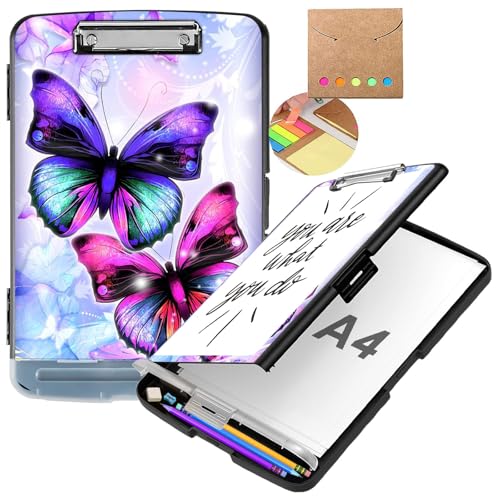 Clipboard with Storage,Heavy Duty Plastic Nursing Clipboard Foldable,High Capacity Storage Clipboard Folder Case for Coaches Nurse Teacher Office School Supplies- Purple Butterfly