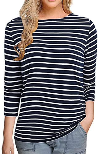 Remidoo Women Boat Neck Striped T-Shirt 3 4 Sleeve Tees Slim Fit Blouses Tops Navy Blue Large