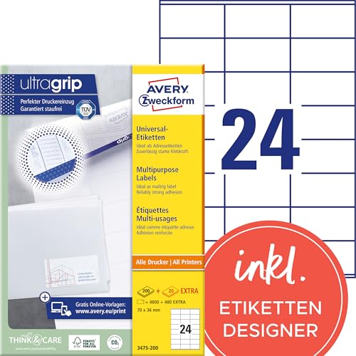 AVERY Zweckform 3475-200 Adressaufkleber (4.800 plus 480 Klebeetiketten extra, 70x36mm auf A4, Papier matt, bedruckbare Absenderetiketten, selbstklebende Adressetiketten mit ultragrip) 220 Blatt, weiß