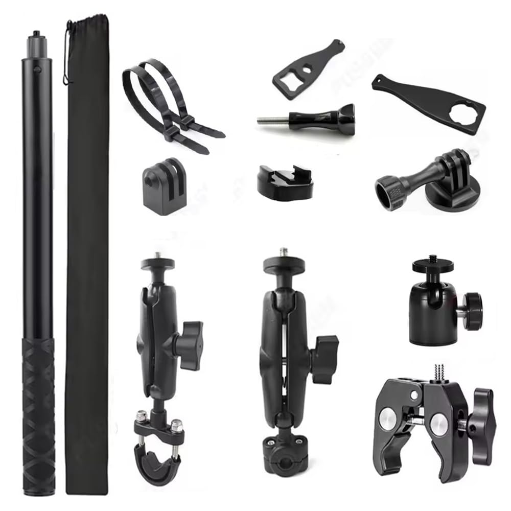 Lenker Action Kamera Halterung,Super Clamp Magic Arm Kamera Mount ,Action Kamera Motorrad Mount,mit verstellbare 193cm Selfie Stick,360-Grad-Drehung,Aluminiummaterial,für Insta360 XR2 DIY Montage