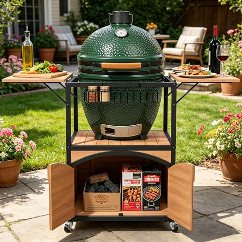 Heavy Duty Ceramic Egg Grill Cart 51.8 Outdoor BBQ Station for 23 Round Smokers & Ceramic Cookers Foldable Side Tables Weatherproof Cabinet Locking Wheels