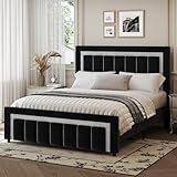 HOMBCK Queen Bed Frame with Headboard, Velvet Upholstered Platform Bed Frame Queen Size with Diamond Headboard & Footboard, Wooden Slats Support, No Box Spring Required, Easy Assembly, Black