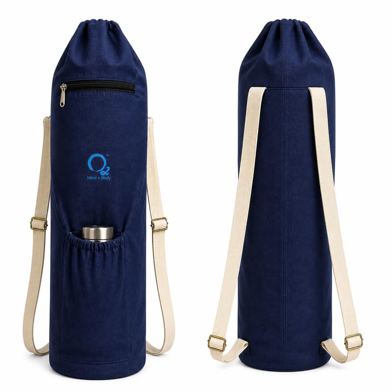 Image of O2 Yoga Mat Bag | Basic Style Cotton Yoga Mat Carry Bag with Adjustable Double Straps | Bottle Holder & Zipper Pocket | Yoga Mat Cover Bag for Women & Men | Fits 2mm-10mm Mats - Midnight Blue