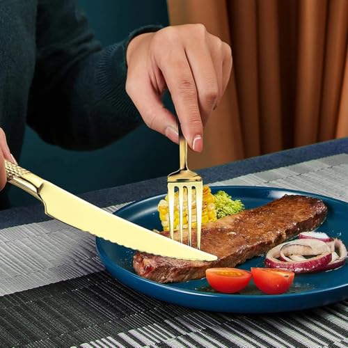Image of Aurum Gold French Style Silverware Set | 5-Piece Hammered Flatware with 2-in-1 Serrated Knife | 18 /10 Stainless Steel Cutlery Set | Perfect for Home, Restaurant & Festive Gifting