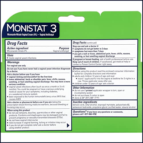 monistat 3 day yeast infection treatment for women 3 miconazole pre-filled cream applicators 1 pack