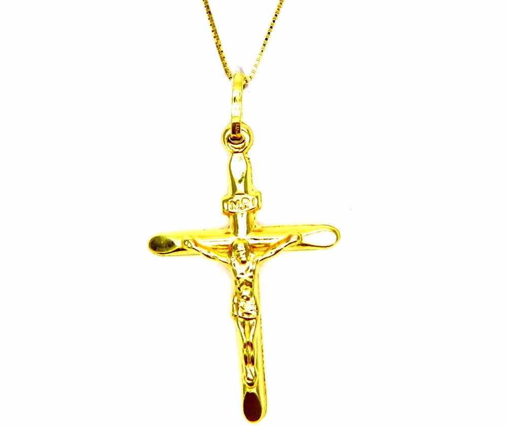 Collana in Oro Giallo 18kt (750) Catenina Veneta Croce Cristo Smussata Donna Ragazza Bambini