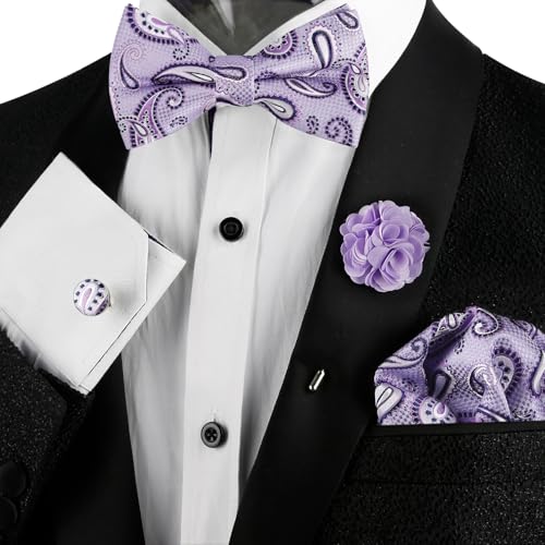Image of Alizeal Mens 4pcs Vintage Paisley Bow Tie Set | Pre-tied Pocket Square Cufflinks Boutonniere for Wedding Everyday Use