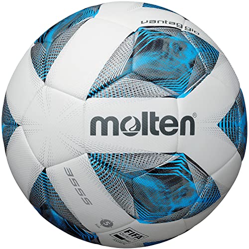 Molten Vantaggio 3555 Hybrid Bonded Football | FIFA Quality Pro Match Ball | Durable Textured PU Leather | Size 5 - For Boys and Girls Aged 14 plus & Adults | Hi-Vis Blue Flame Design