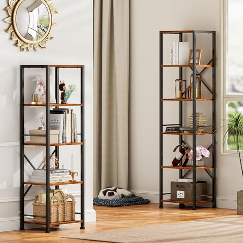Furologee Computer Desk and Bookshelf Set, 61" Desk with Power Outlet and USB Ports, 5 Tier Narrow Tall Bookshelf, Gaming Desk with Drawer and Monitor Stand, Rustic Bookcase Standing Shelves Unit