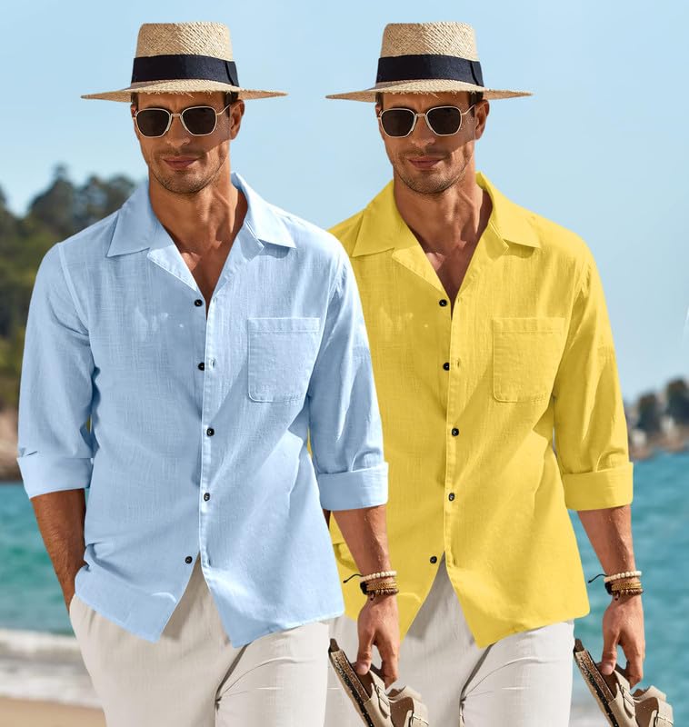 Image of Combo of Men's Casual Cotton Blend Shirt || Long Sleeve Button Down with Spread Collar | Lightweight Breathable Fabric | Stylish Solid Shirt for Beach, Office & Everyday Wear Pack of 2