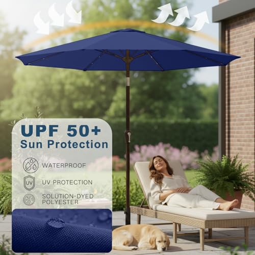 Image of 9' Solar LED Patio Umbrella with Tilt & Crank|8 Sturdy Ribs,UV Protection,Outdoor Market Table Umbrella for Deck,Lawn,Pool,Backyard(Navy)