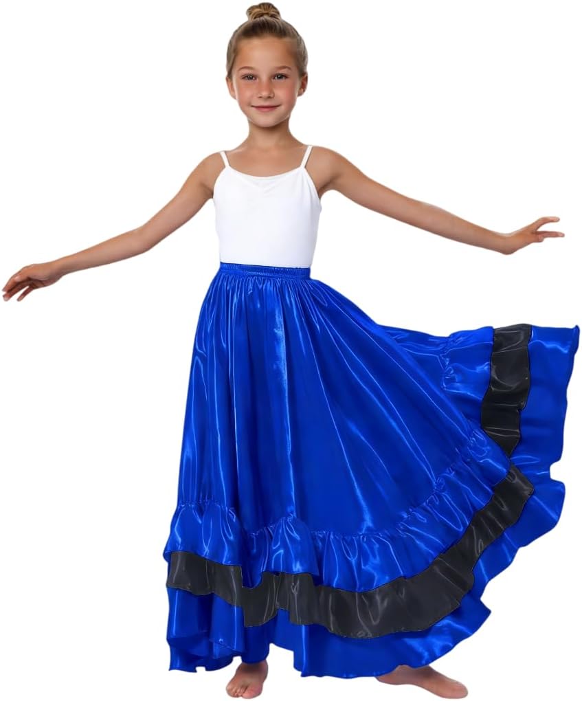 Satin Ruffle Long Full Flowy Circle Dance Skirt for Girls | Flamenco, Folkloric, Mexican, Belly Dance, Ballroom Performance