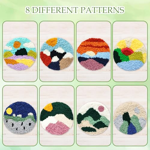 Image of Soleeya Punch Needle Kits Adults Beginner 8 Pcs Punch Needle Coaster Kit Landscape Patterns Stitching Punch Embroidery Including Yarn Hoop Needle, Rug Tufting Coaster DIY Craft Gifts