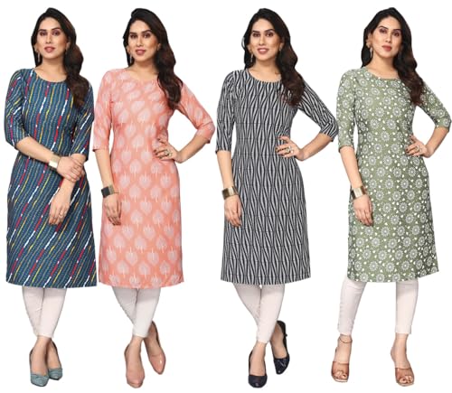 Image of JAKHANA Women's Crepe Printed Casual Straight Calf Length Round Nick Kurta Pack of 4